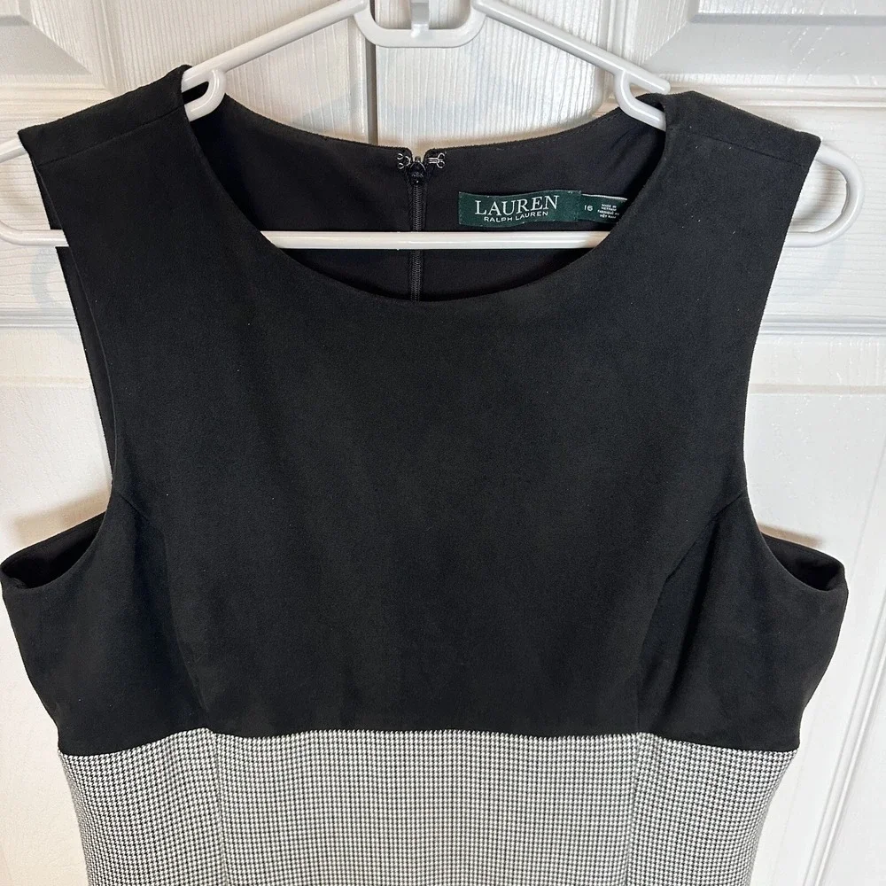 LAUREN RALPH LAUREN Black Suede Bodice Houndstooth Print Sleeveless Dress‎ Sz 16